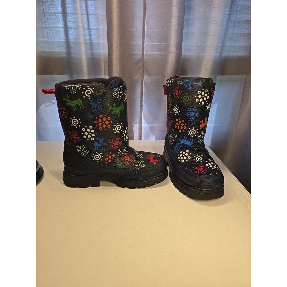 LL Bean Winter Snow Boots Reindeer Blue Snowflake YOUTH SIZE 6 Hook Loop Slip On